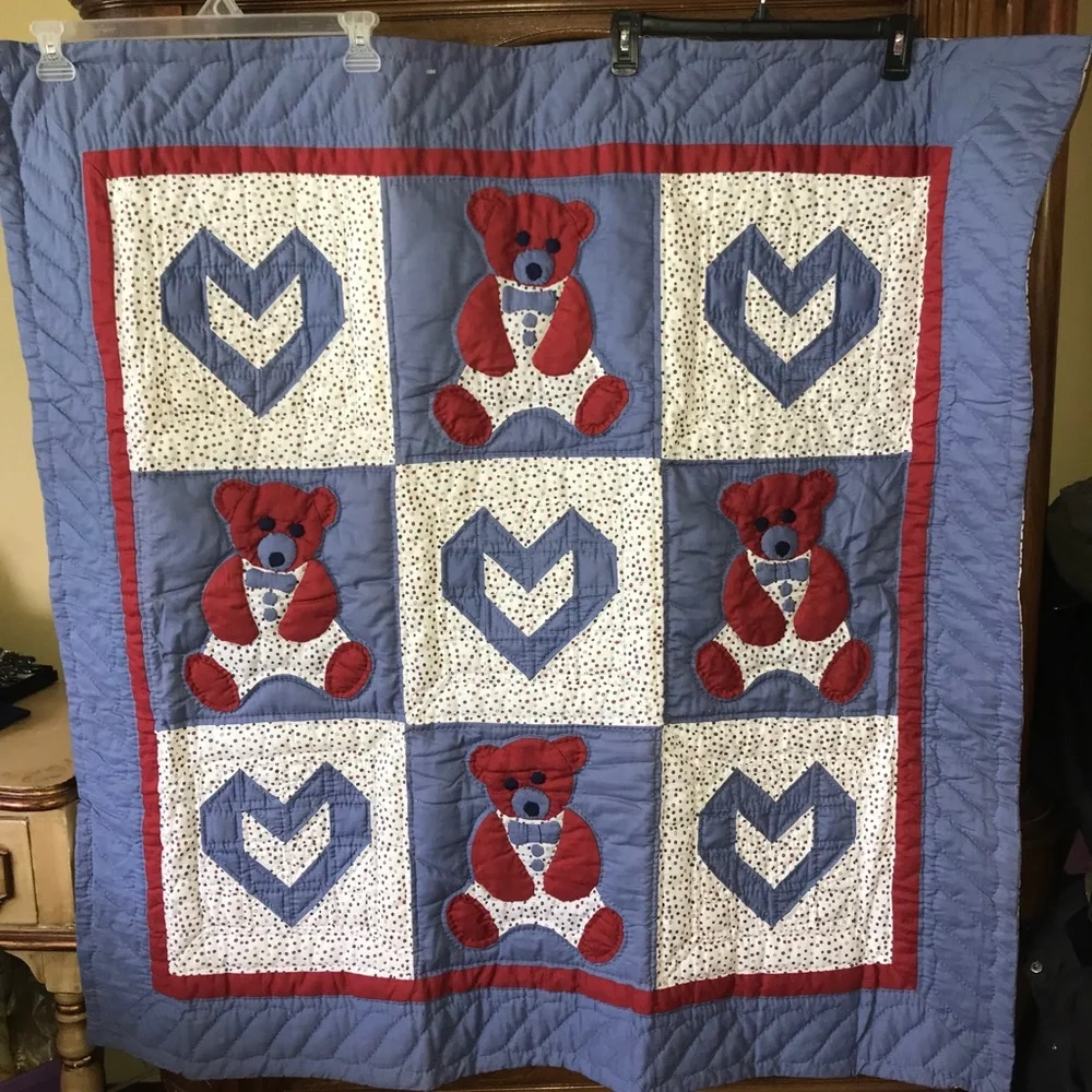 Donna Sharp Teddy Bear Hearts Red White Blue Baby Cotton Throw Blanket 45” Quilt